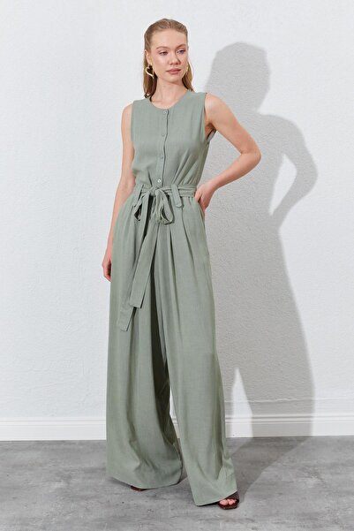 TENA Women's Khaki Sleeveless Belted Double Leg Jumpsuit