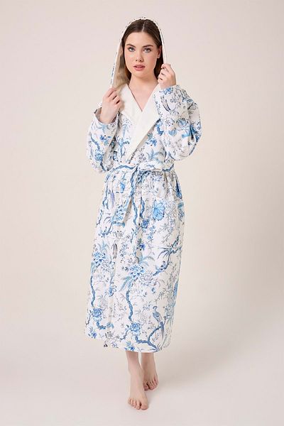 VEVİEN HOME Blue Gladiolo Fiore Patterned Digital Printed Hooded Bathrobe