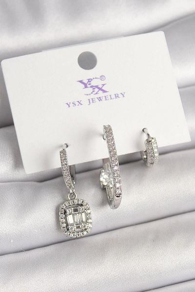 Celira Brass Silver Color Zircon Stone Baguette Ring Model 3-Piece Women's Combination Earrings