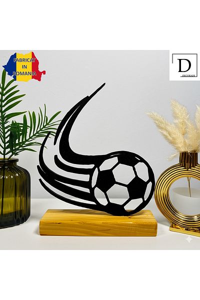 OEM "Iconic Football" decoration with natural wood base, 18 cm, black, 3D printed