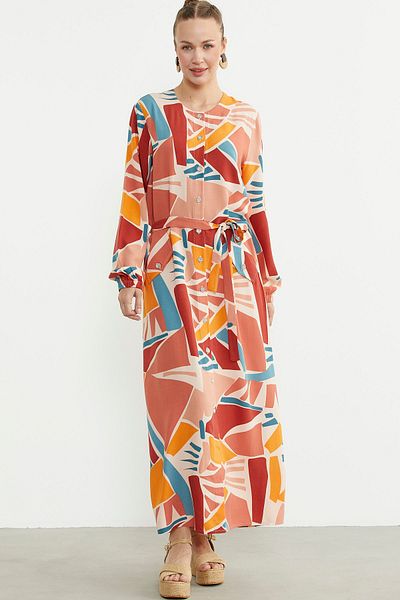 Sementa Plus Size Geometric Pattern Long Dress - Tile