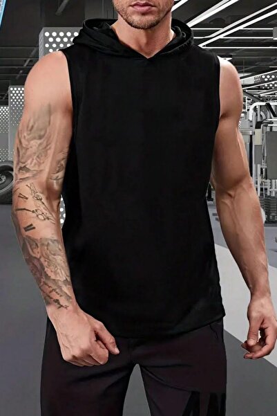 NO 601 Ανδρικό μαύρο μπλουζάκι με κουκούλα, αμάνικο μονόχρωμο μπλουζάκι