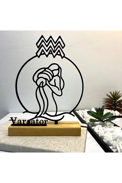 OEM Zodiac decoration "AQUARIUS" with natural wooden base, 19 cm, black, 3D printed