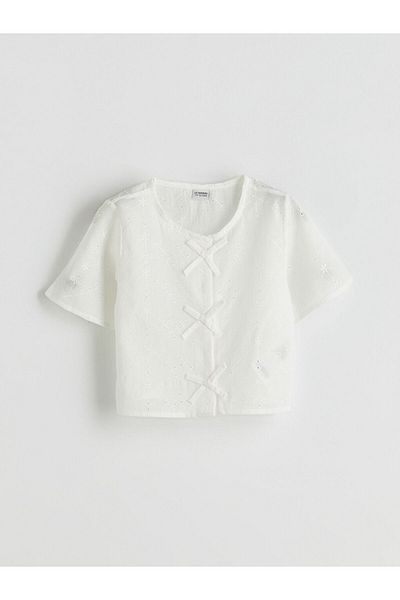 LC Waikiki White Crew Neck Bow Detailed Girl's Shirt