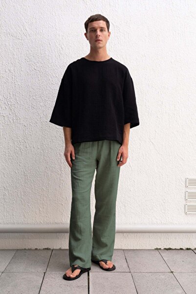 GIESTO Khaki Pants with Dumped Lace Details