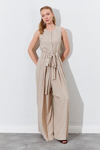 TENA Women's Dark Beige Sleeveless Belted Double Leg Jumpsuit