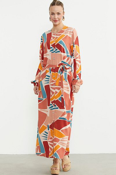 Sementa Plus Size Geometric Pattern Long Dress - Tile