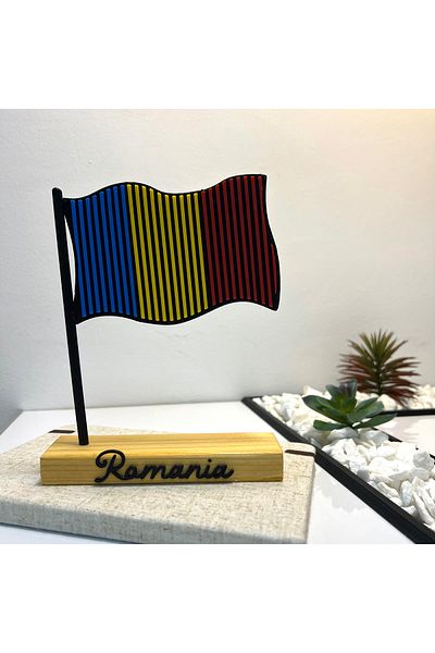 OEM "Romanian Flag" decoration with natural wooden base, 18 cm, multicolor, 3D printed