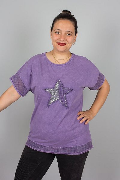 Truva XXL Plus Size Star Sequin Embroidered Washable Lilac Cotton Blouse – Sparkling and Comfortable Design