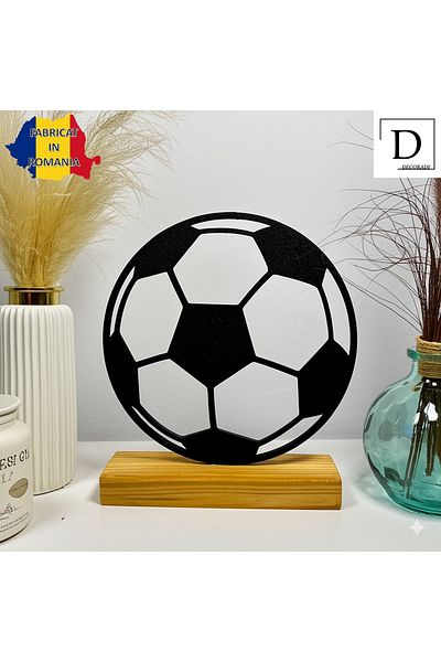 OEM "Soccer Ball" decoration with natural wooden base, 17 cm, black, 3D printed