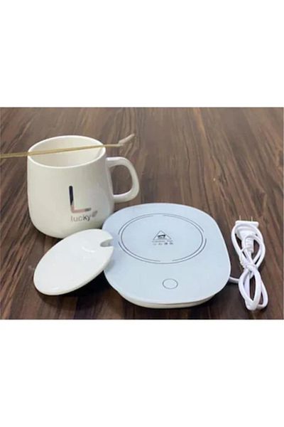 ABYZ Set de căni ceramice, cu încălzire, inscripție aurie Lucky, 350 ml, albe