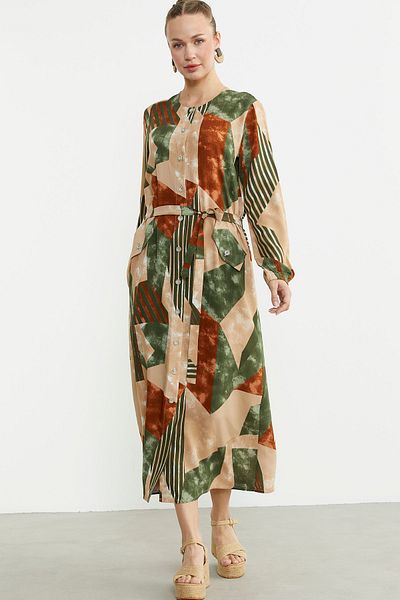 Sementa Plus Size Geometric Patterned Long Dress - Green