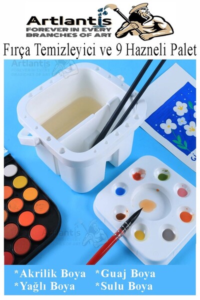 Artlantis Fırça Temizleme ve 9 Hazneli Palet 1 Adet 18 li Resim Fırça Tutuculu Boya Fırçası Temizleyici Kapakl