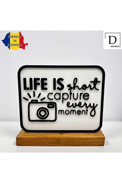 OEM "Capture Every Moment" decoration with natural wood base, 15 cm, white / black, 3D printed