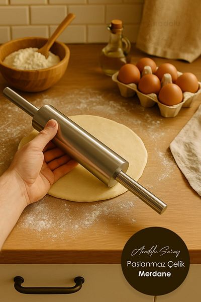Anadolu Saray Stainless Metal Steel Roller Steel Professional Dough Rolling Roller with Ergonomic Handle