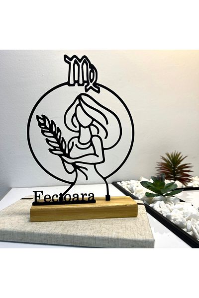OEM Zodiac decoration "VIRGO" with natural wooden base, 21 cm, black, 3D printed