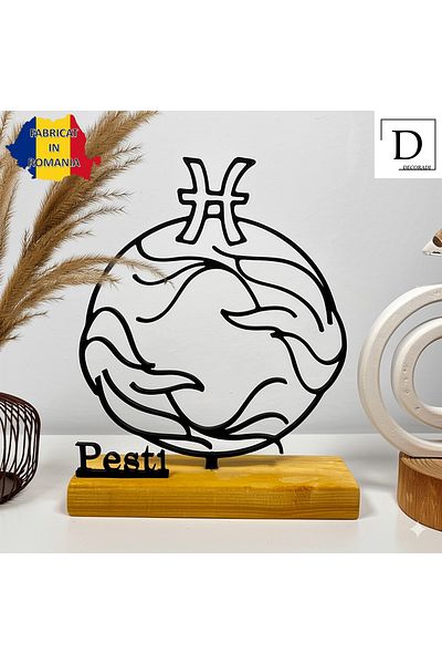 OEM Zodiac decoration "PISCES" with natural wooden base, 17 cm, black, 3D printed