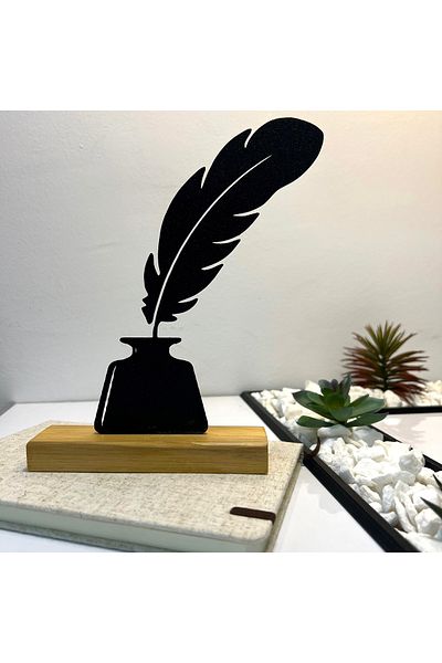 OEM "Ink & Inspiration" decoration with natural wood base, 20.5 cm, black, 3D printed