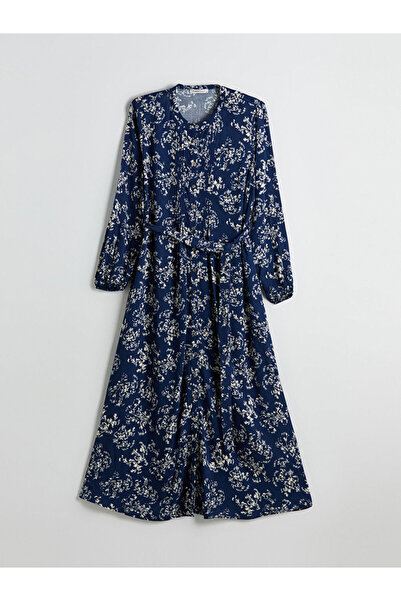 LC Waikiki Lacivert Bisiklet Yaka Çiçekli Kuşaklı Gömlek Elbise