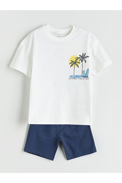 LC Waikiki Ecru California Printed Boys' T-Shirt and Shorts 2-Piece Set