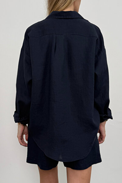 5in1Canpolat Navy Blue 100% Linen Oversize Shirt