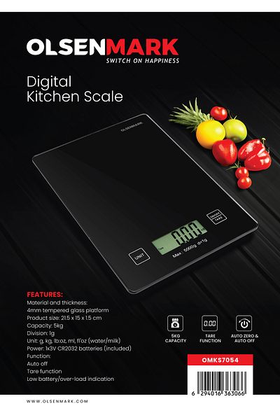 Olsenmark Digital Kitchen Scale- OMKS7055 Tempered Glass Platform, Auto-Zero, Auto-Off