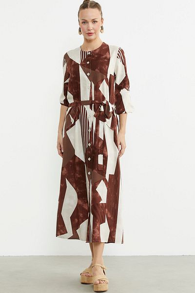 Sementa Plus Size Geometric Patterned Long Dress - Brown