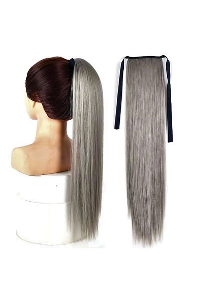 animis beauty Dark GREY ponytail extension, straight, with 2 braids, 60 cm, synthetic fiber with natural look