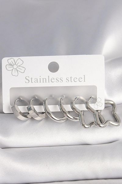 Celira Steel Silver Color Half Ring Star Model Women's Earring Set
