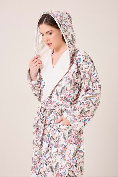 VEVİEN HOME Fiore Patterned Digital Printed Hooded Bathrobe