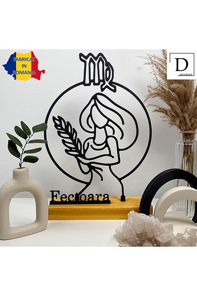 OEM Zodiac decoration "VIRGO" with natural wooden base, 21 cm, black, 3D printed