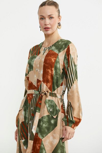 Sementa Plus Size Geometric Patterned Long Dress - Green