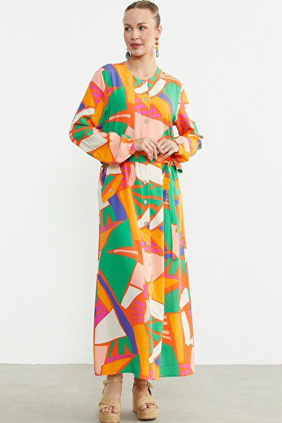 Sementa Plus Size Geometric Patterned Long Dress - Green