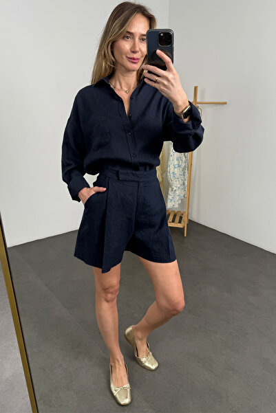 5in1Canpolat Navy Blue 100% Linen Oversize Shirt