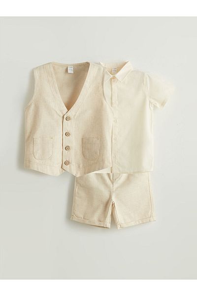 LC Waikiki Ecru Boy's Shirt Shorts and Vest 3-Piece