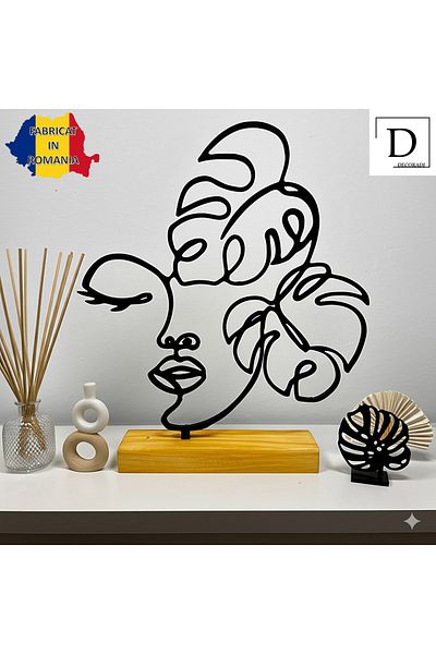 OEM "Face with Leaves" decoration with natural wood base, 21 cm, black, 3D printed