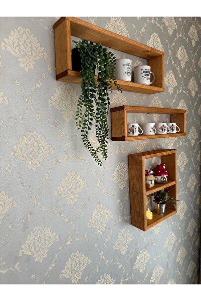 Wooden Factory 3’lü Ahşap Duvar Rafı Seti – Dekoratif Rustik Raf Takımı
