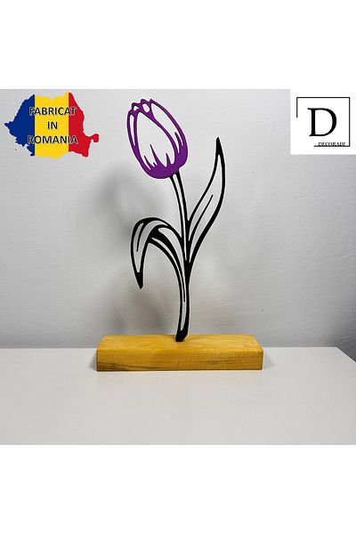 OEM "Tulip" decoration with natural wooden base, 22 cm, purple/black, 3D printed