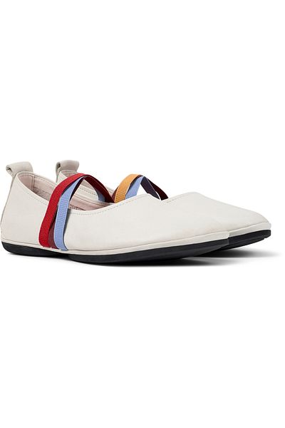 CAMPER Women's White Genuine Leather Flats with Colorful Elastic Band, Soft Sole, Everyday Use Twins