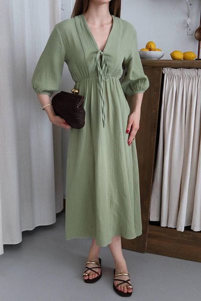 Ekim Store Lace-Up Muslin Degaje Collar Long Dress