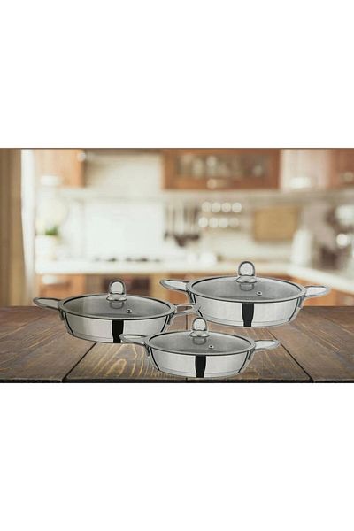 DOWRY STİL Viva Steel 6 Piece Omelette Set with Glass Cover 18-20-22 cm