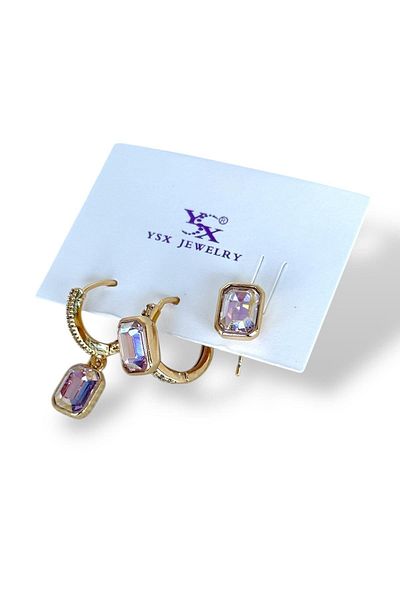 TAKIŞTIR مجموعة أقراط YSX مكونة من 3 قطع مع تفاصيل حجرية ذهبية اللون