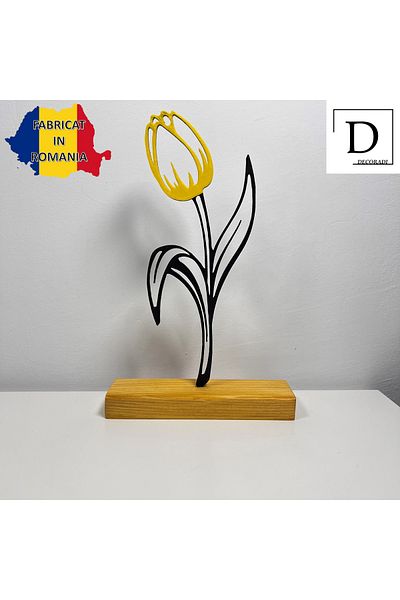 OEM "Tulip" decoration with natural wooden base, 22 cm, yellow/black, 3D printed