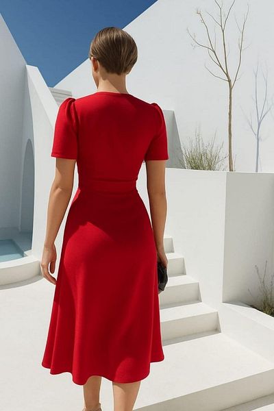 Mossta Double Breasted Collar Midi Red Dress