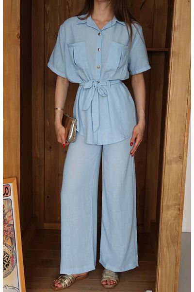 Ekim Store Linen Waist Drawstring Shirt Trousers Set