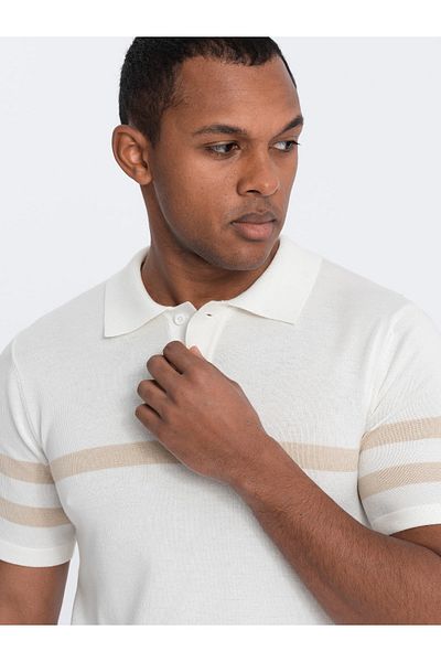 OMBRE Herren Poloshirt aus weichem Strick mit Kontraststreifen - Creme V3 OM-POSS-0118 XXL
