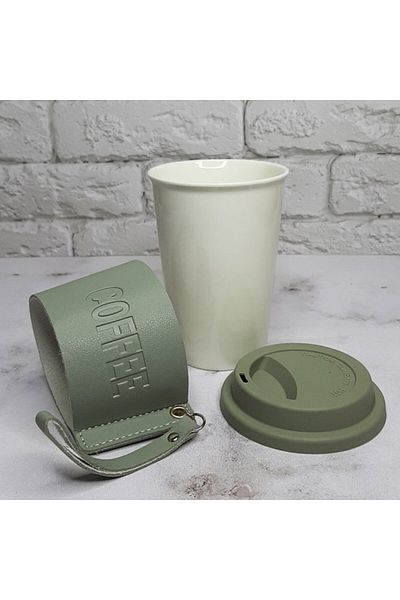 PUFO Cană de călătorie ceramică Love Coffee cu protecție termică pentru cafea sau ceai, 415 ml, alb/verde