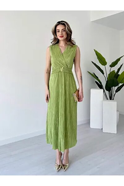 Lusin Women's Zero Sleeve Green Stylish Waist Detailed Double Breasted Collar Lined Summer Dress