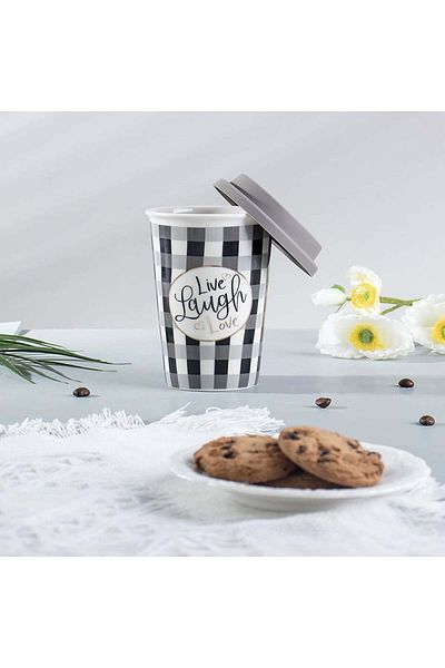 PUFO Live & Love ceramic travel mug for coffee with silicone lid, 415 ml, gray/black