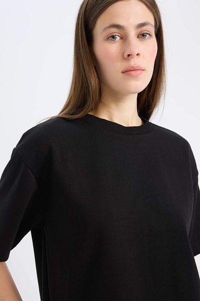 DeFacto Tricou negru cu mânecă scurtă, cu decolteu, cu croială relaxată